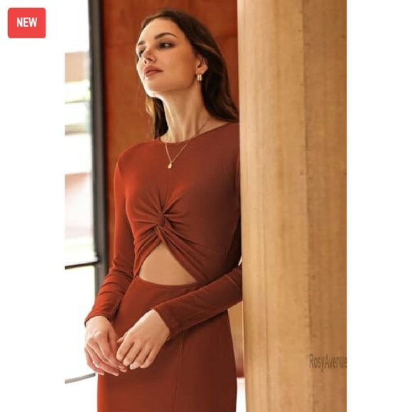 Long Sleeve Midi Dress Bodycon Ribbed Knit Twist Front Cutout - Picture 6 of 8